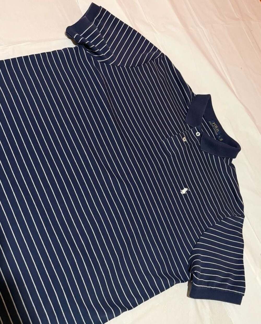 Polo Ralph Lauren Men's Navy and White Striped Short Sleeve Polo Shirt L